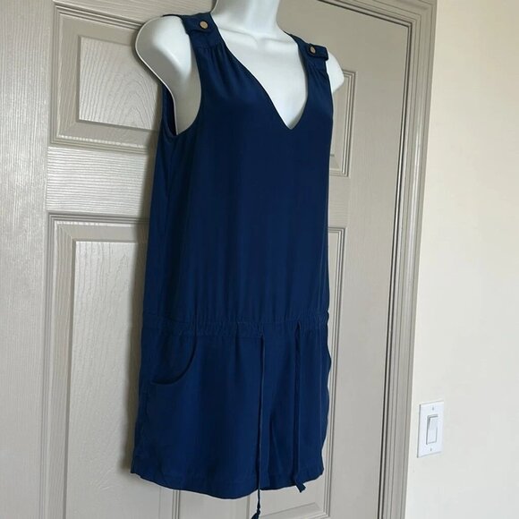 Amanda Uprichard Women’s Navy 100% Silk Sleeveless Tie Waist V-Neck Romper Sz S - Picture 6 of 10